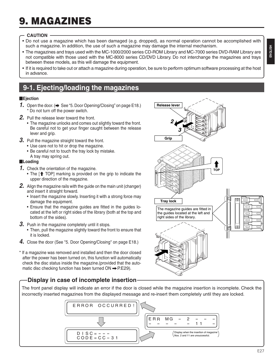 Magazines, 1. ejecting/loading the magazines, Display in case of incomplete insertion | JVC MC-8200LU User Manual | Page 27 / 35