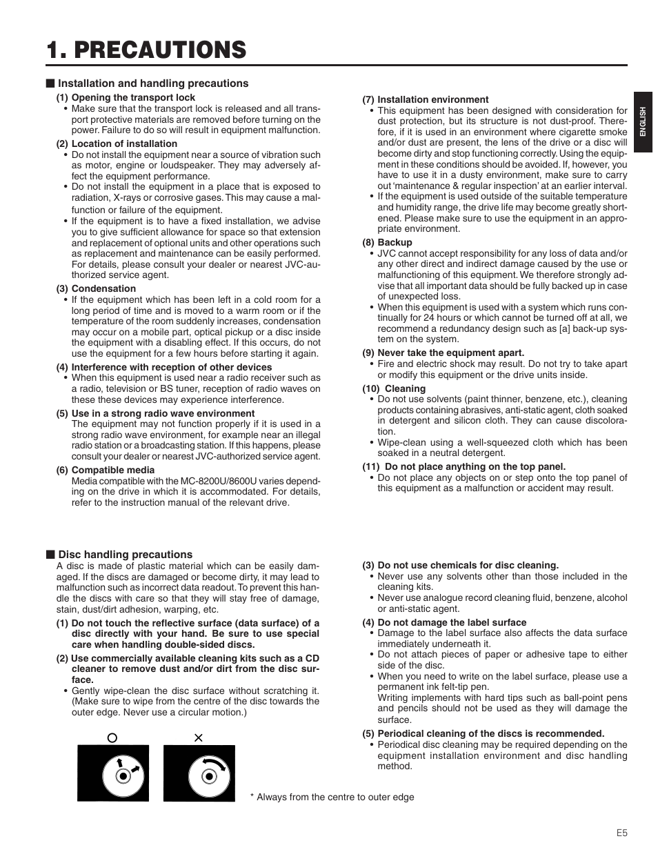 Precautions, Installation and handling precautions, Disc handling precautions | JVC MC-8200LU User Manual | Page 5 / 35