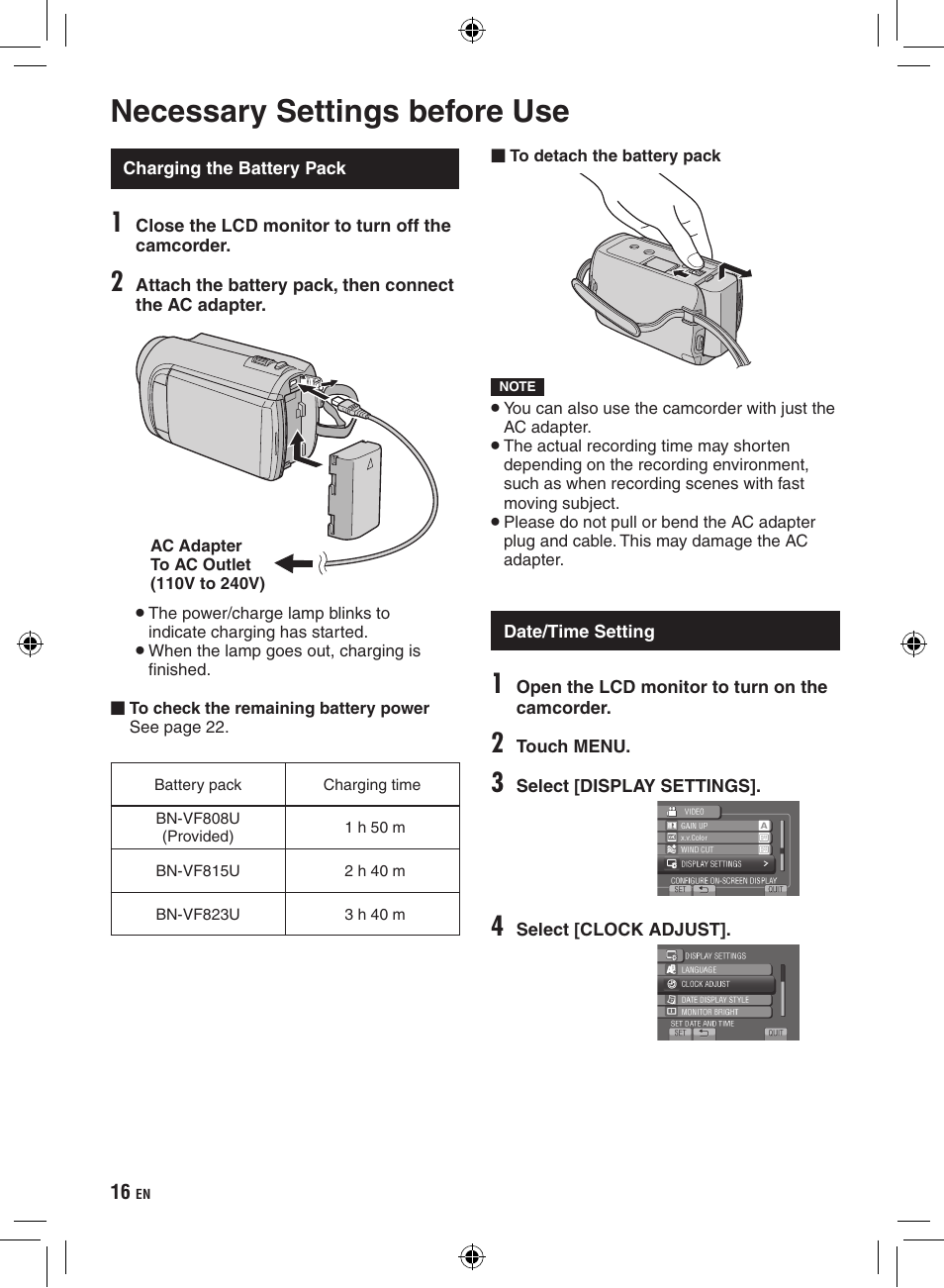 Necessary settings before use, Charging the battery pack, Date/time setting | JVC Everio GZ-HD320 User Manual | Page 16 / 84