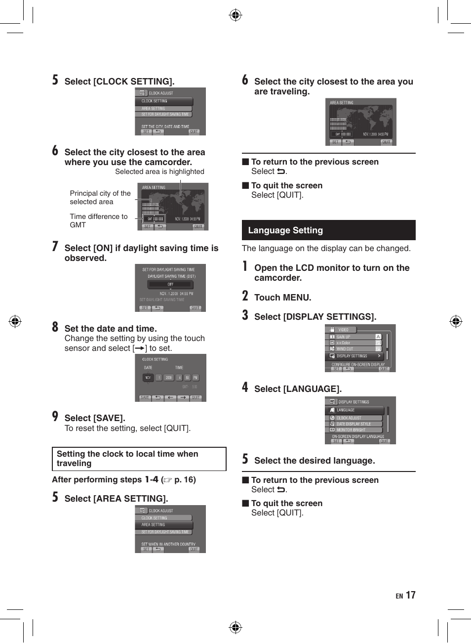 Language setting | JVC Everio GZ-HD320 User Manual | Page 17 / 84