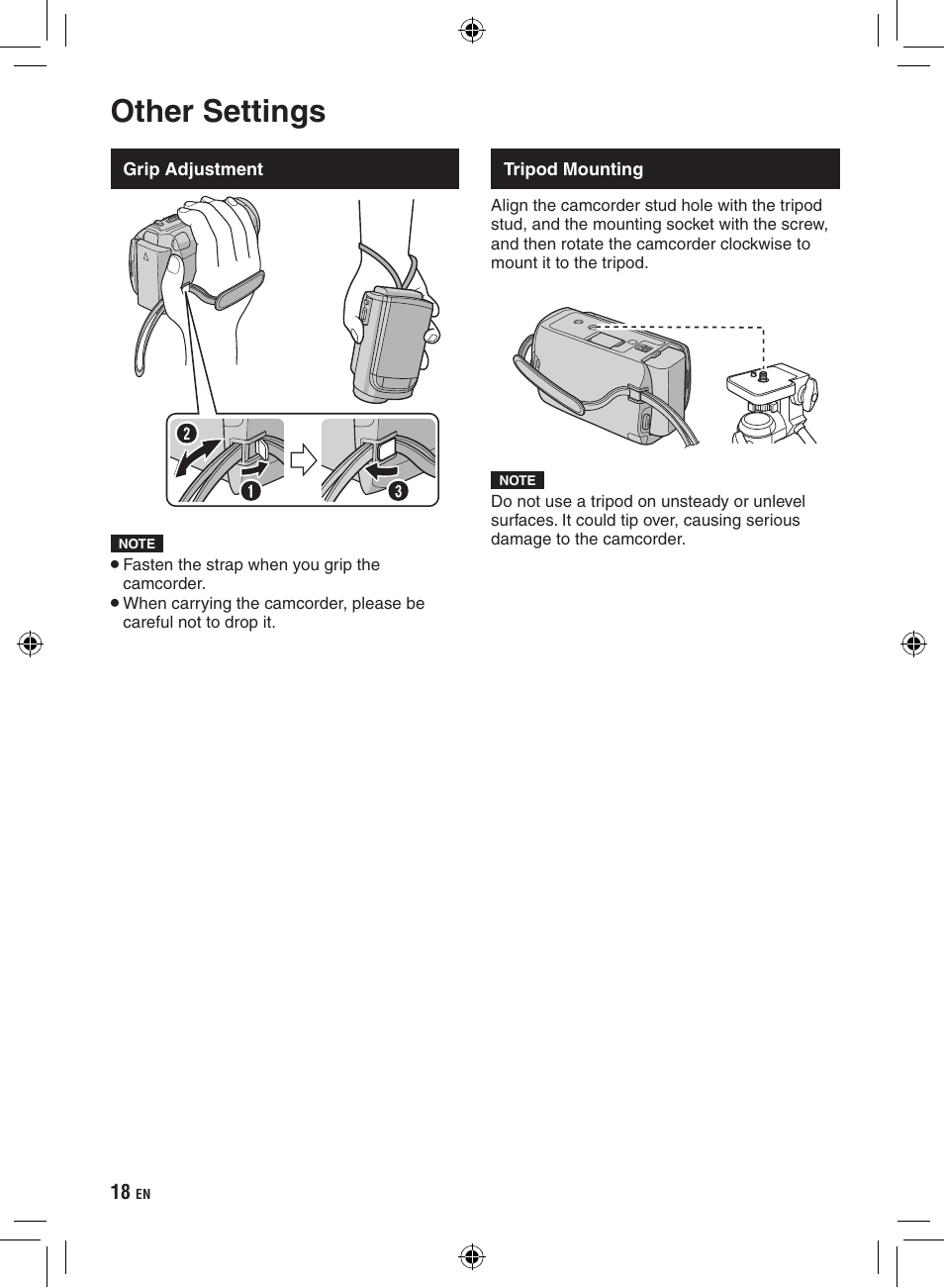 Other settings, Grip adjustment, Tripod mounting | JVC Everio GZ-HD320 User Manual | Page 18 / 84