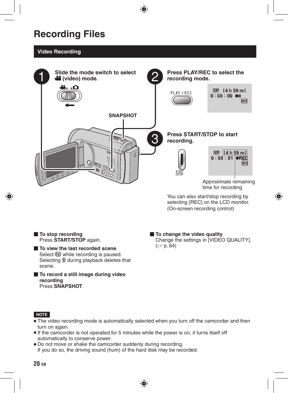 Recording/playback, Recording files, Video recording | JVC Everio GZ-HD320 User Manual | Page 20 / 84