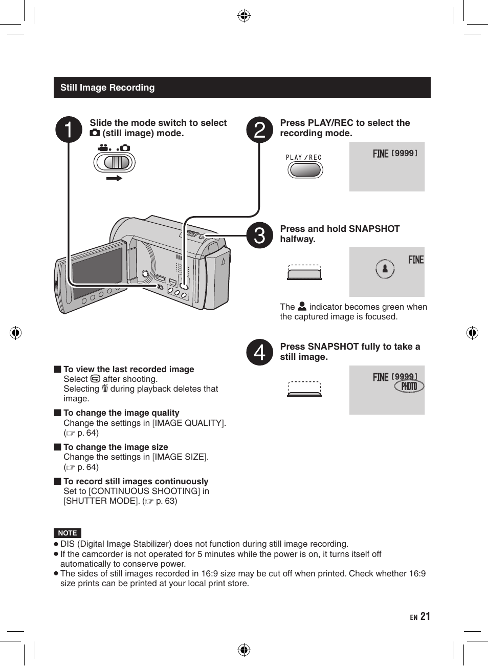 Still image recording | JVC Everio GZ-HD320 User Manual | Page 21 / 84