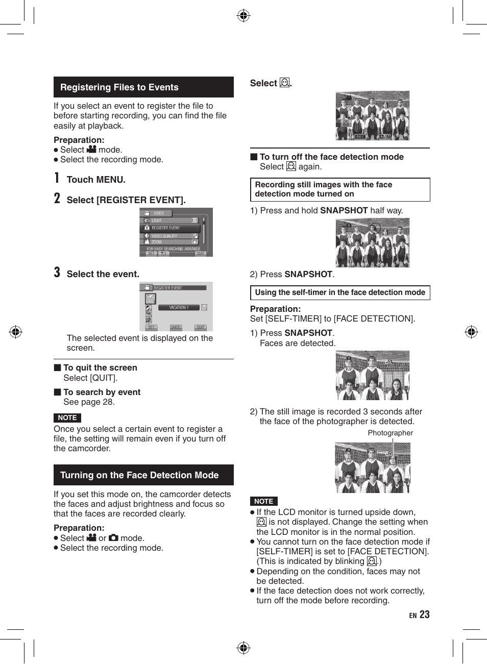 Registering files to events, Turning on the face detection mode | JVC Everio GZ-HD320 User Manual | Page 23 / 84