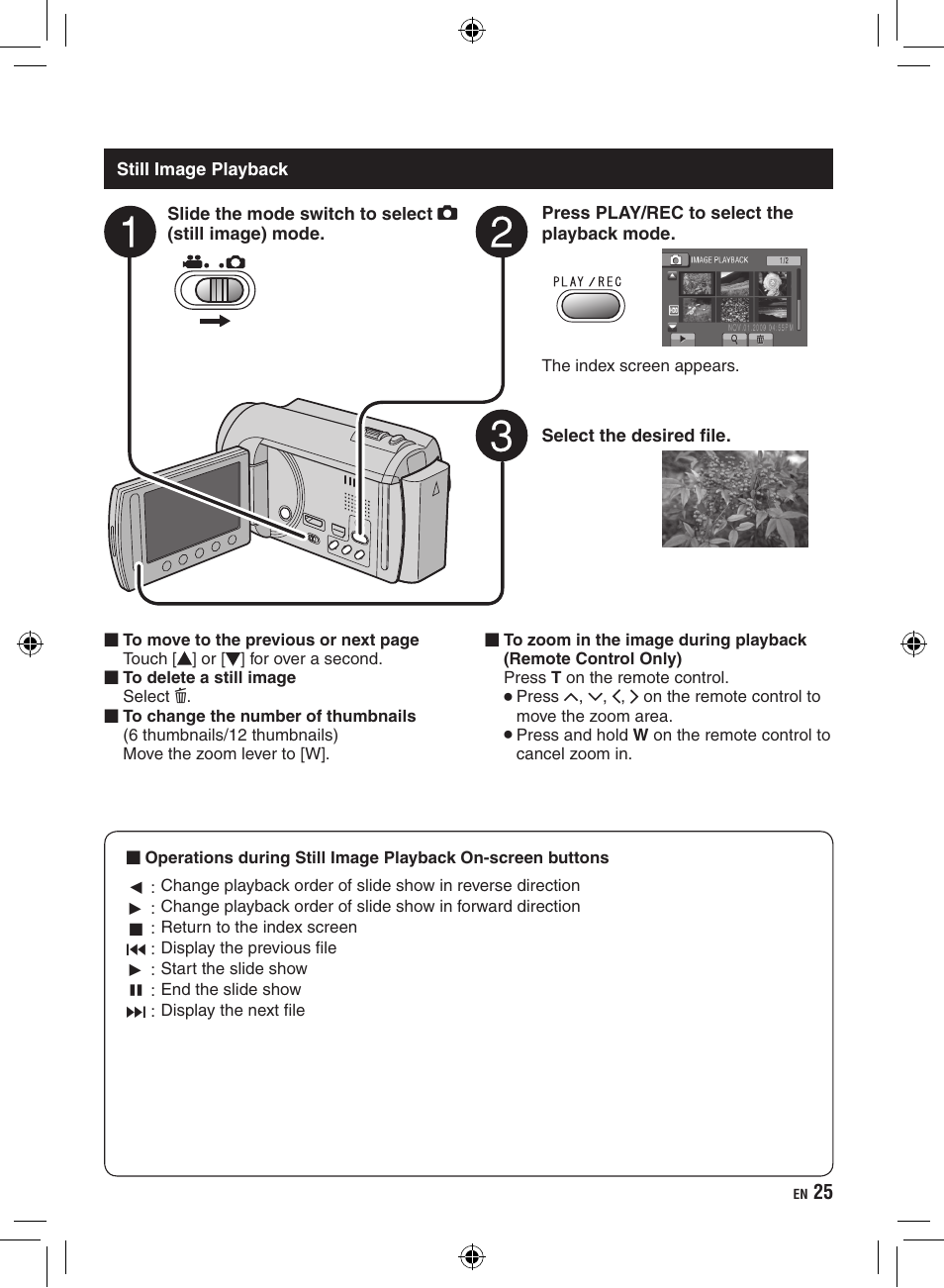 Still image playback | JVC Everio GZ-HD320 User Manual | Page 25 / 84