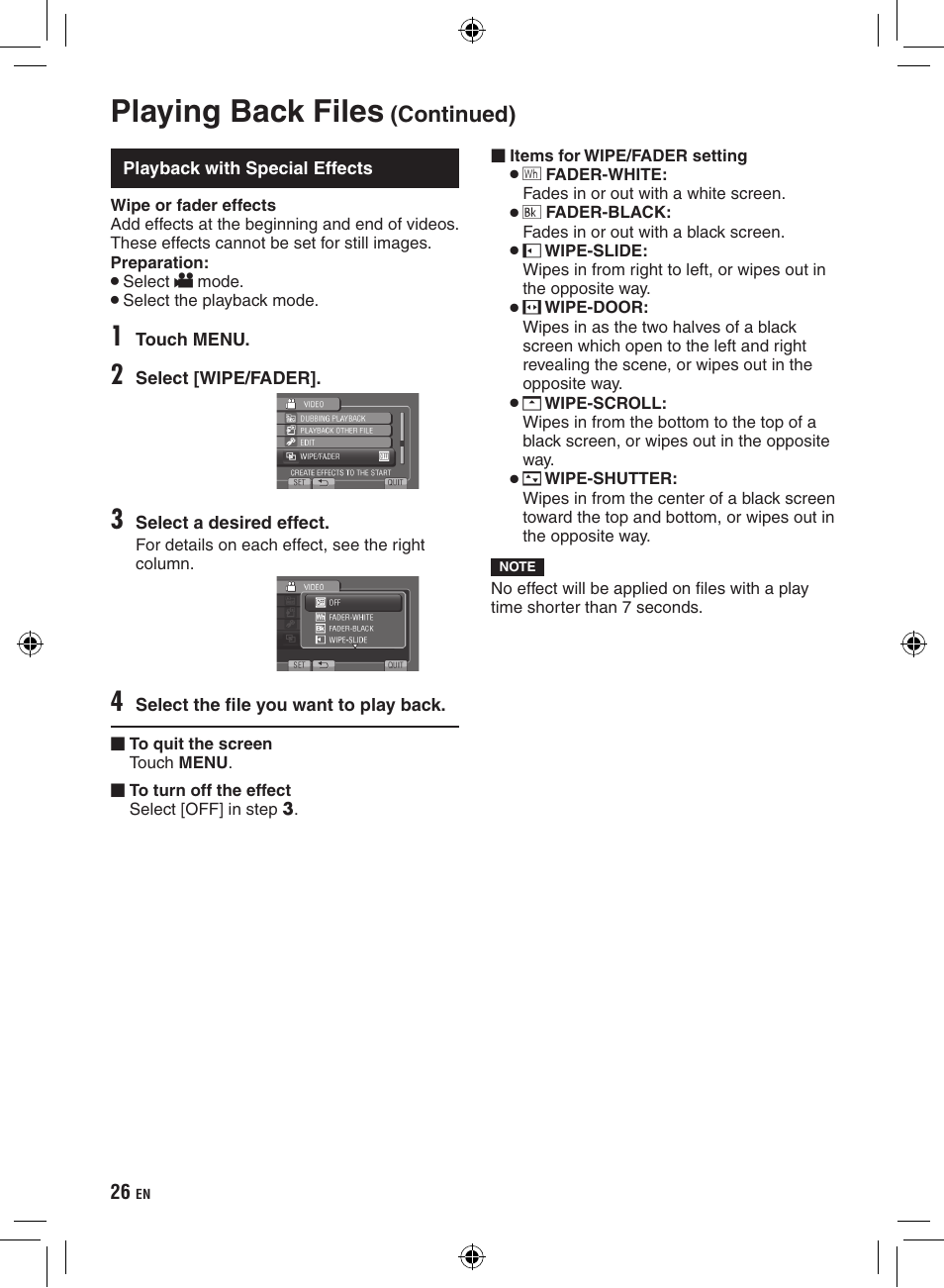 Playback with special effects, Playing back files, Continued) | JVC Everio GZ-HD320 User Manual | Page 26 / 84