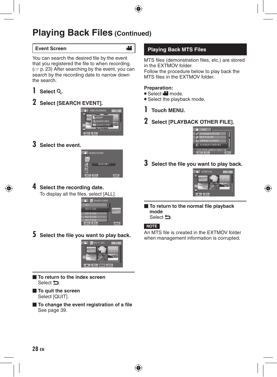 Playing back mts files, Playing back files | JVC Everio GZ-HD320 User Manual | Page 28 / 84