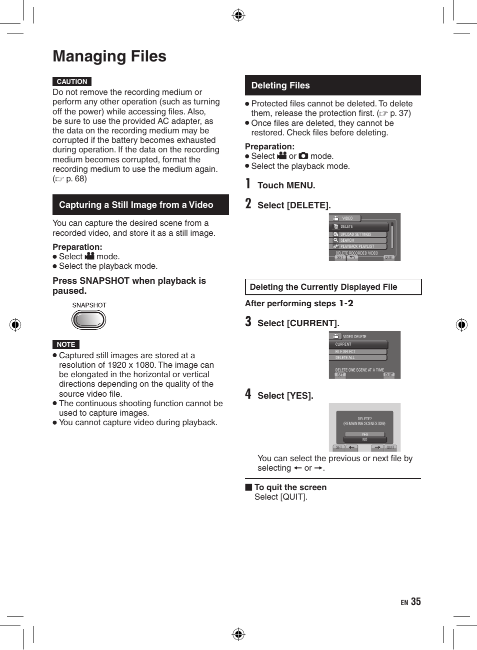 Editing, Managing files, Capturing a still image from a video | Deleting files | JVC Everio GZ-HD320 User Manual | Page 35 / 84