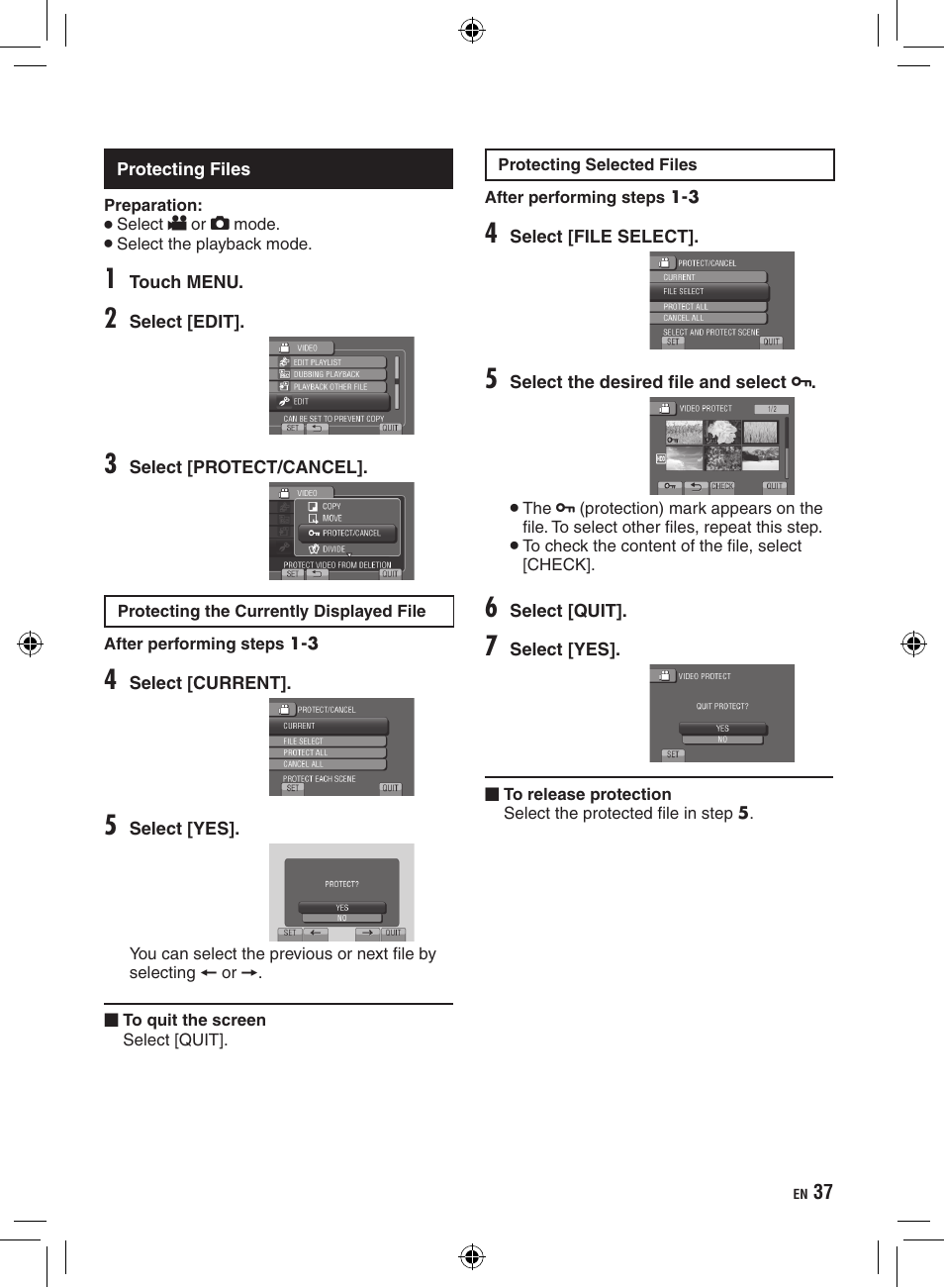 Protecting files | JVC Everio GZ-HD320 User Manual | Page 37 / 84