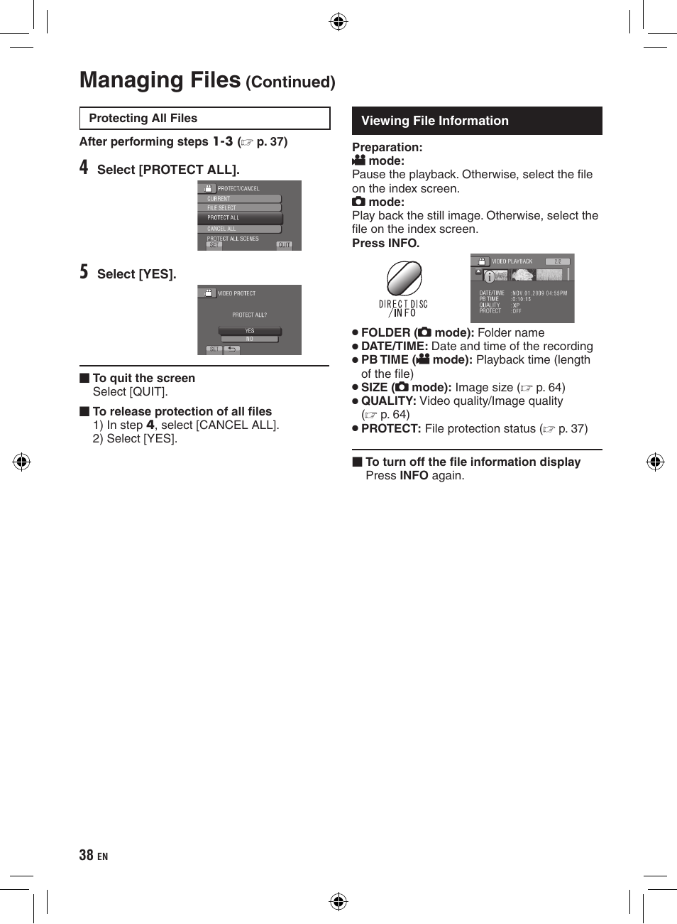 Viewing file information, Managing files, Continued) | JVC Everio GZ-HD320 User Manual | Page 38 / 84