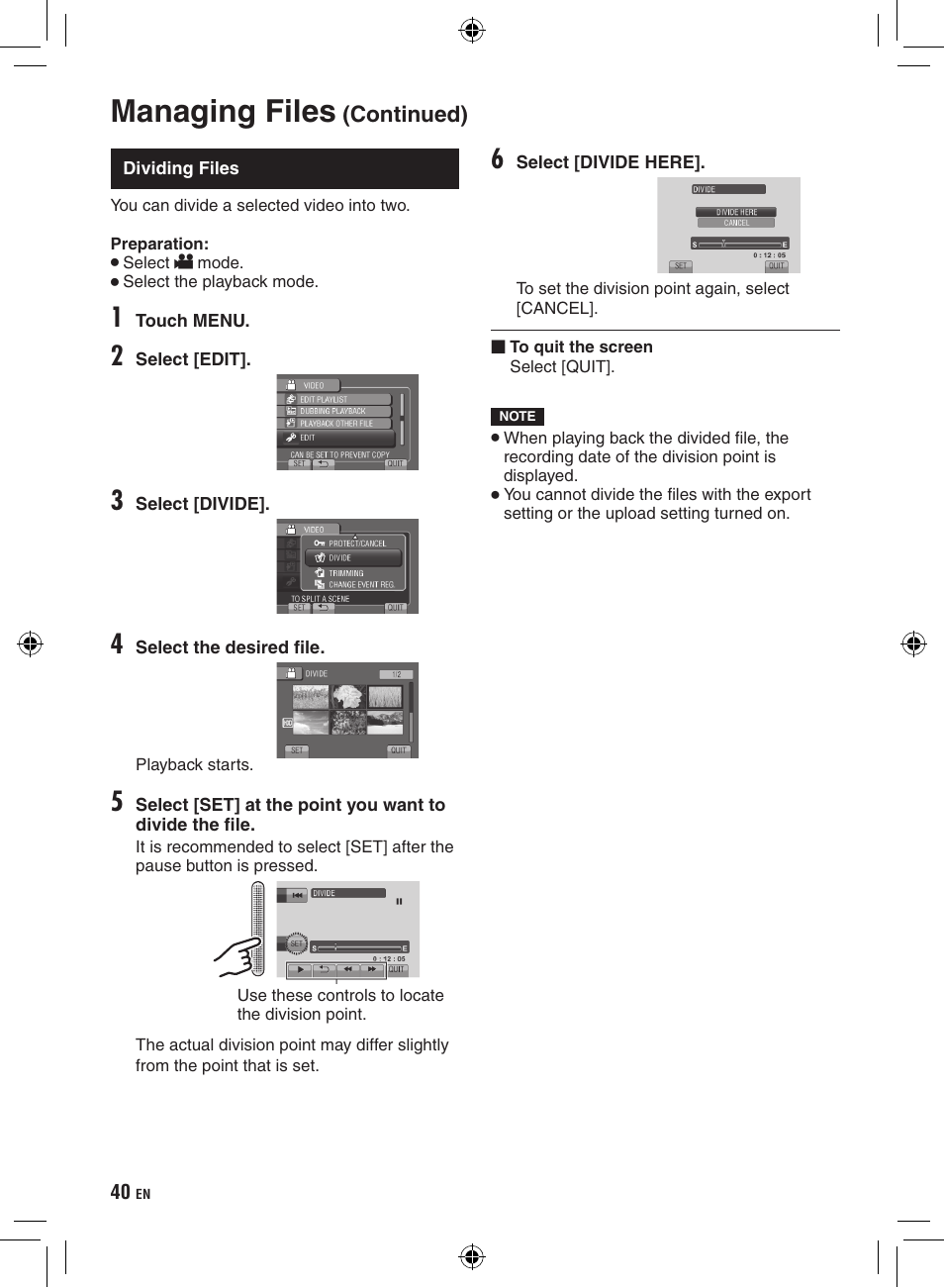 Dividing files, Managing files | JVC Everio GZ-HD320 User Manual | Page 40 / 84