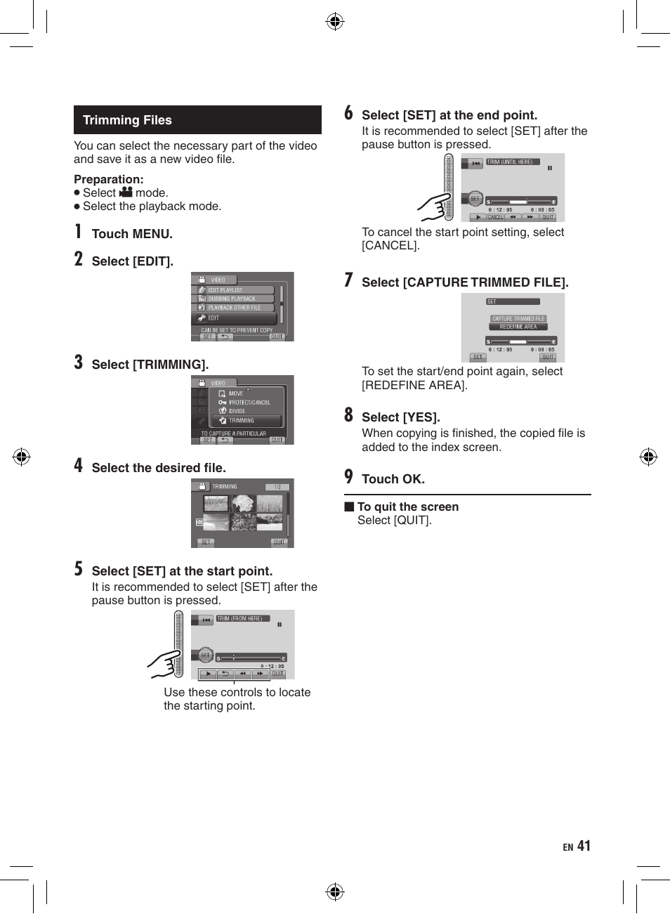 Trimming files | JVC Everio GZ-HD320 User Manual | Page 41 / 84