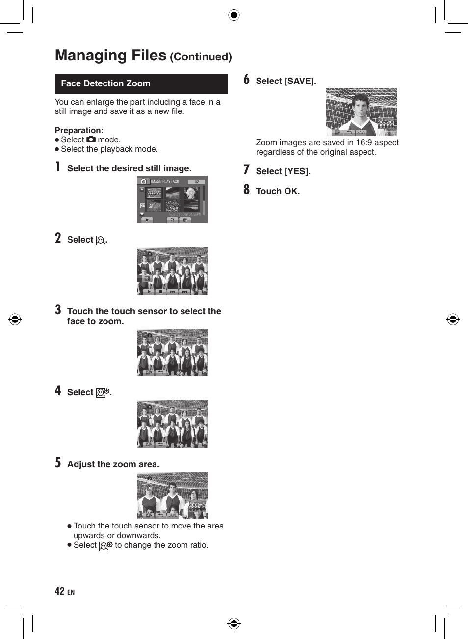 Face detection zoom, Managing files | JVC Everio GZ-HD320 User Manual | Page 42 / 84