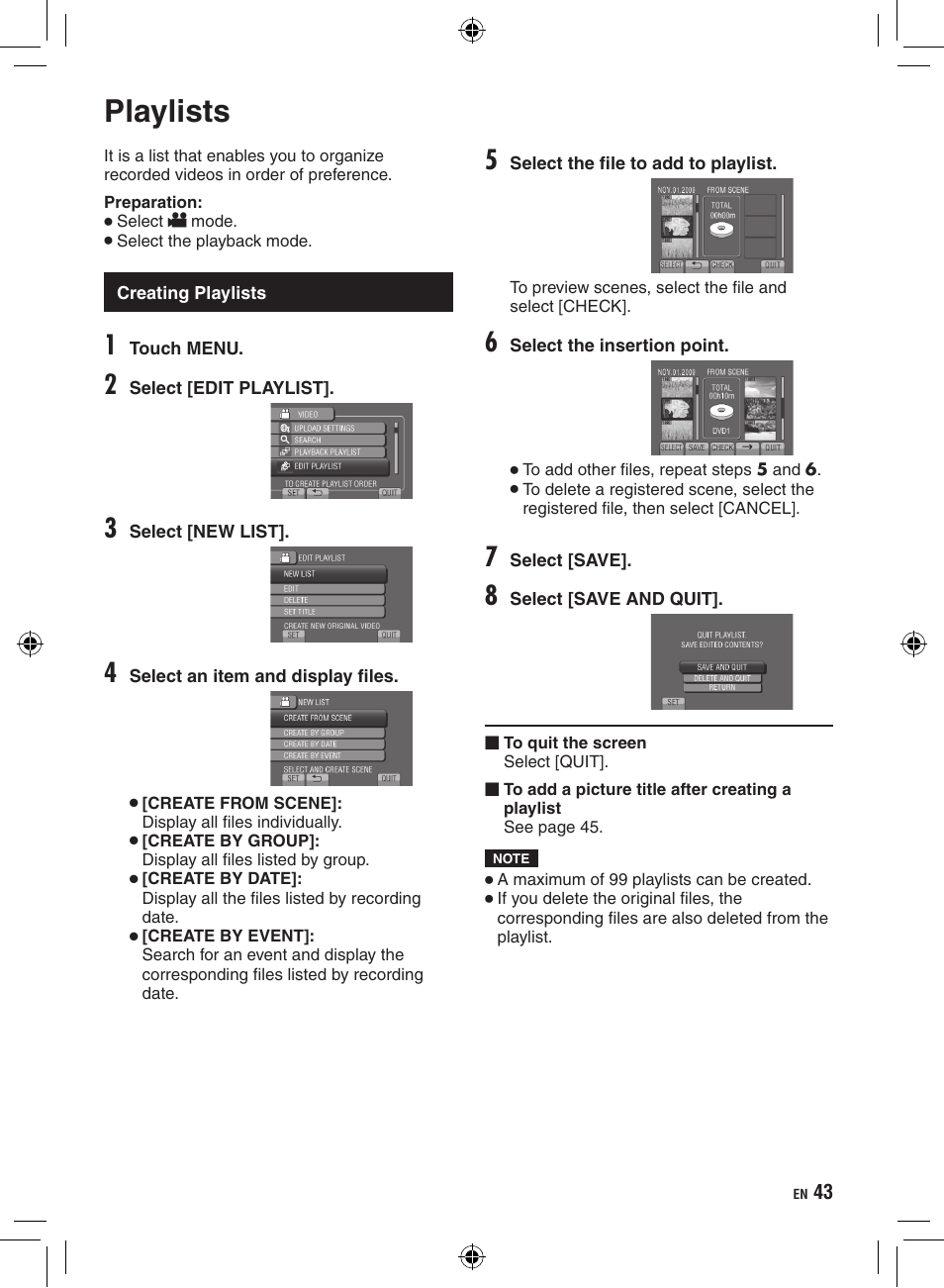 Playlists, Creating playlists | JVC Everio GZ-HD320 User Manual | Page 43 / 84