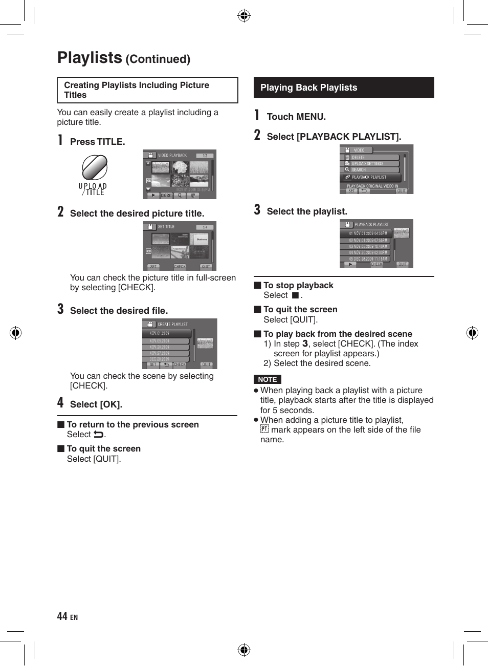 Playing back playlists, Playlists, Continued) | JVC Everio GZ-HD320 User Manual | Page 44 / 84