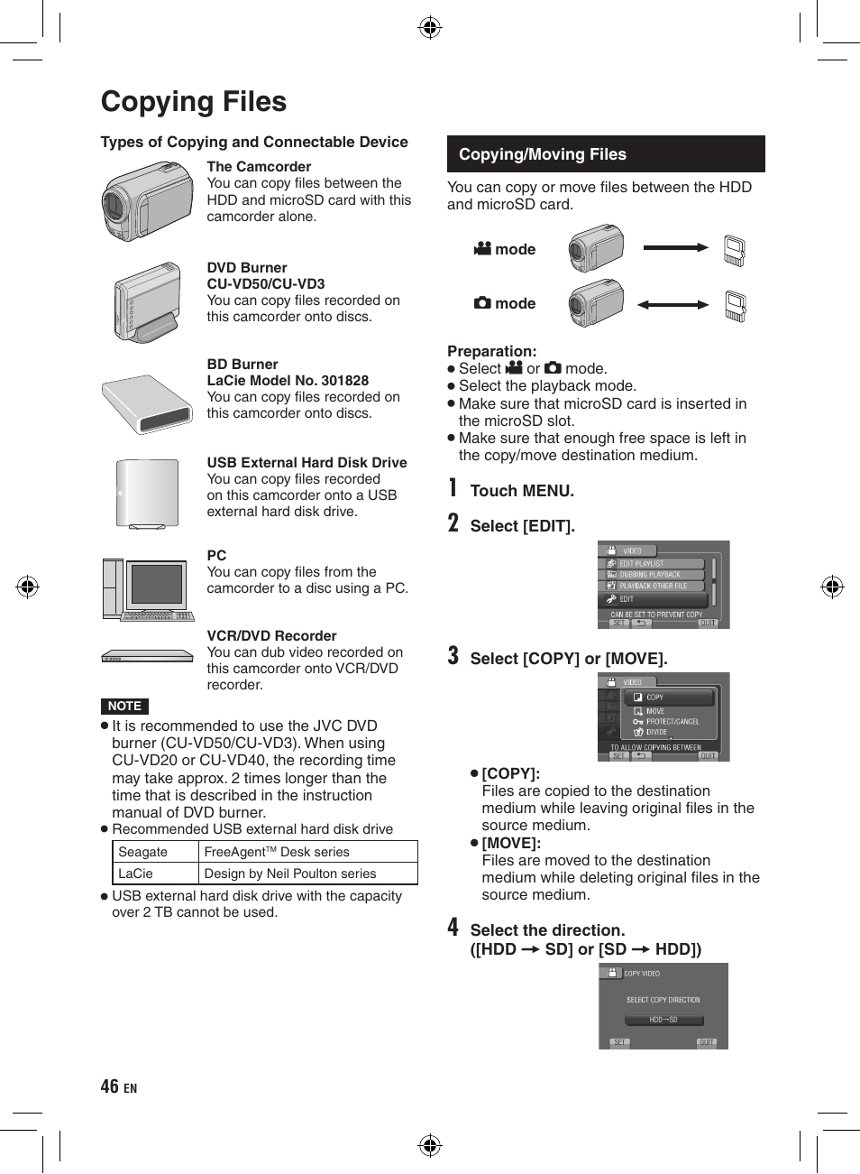 Copying, Copying files, Copying/moving files | JVC Everio GZ-HD320 User Manual | Page 46 / 84