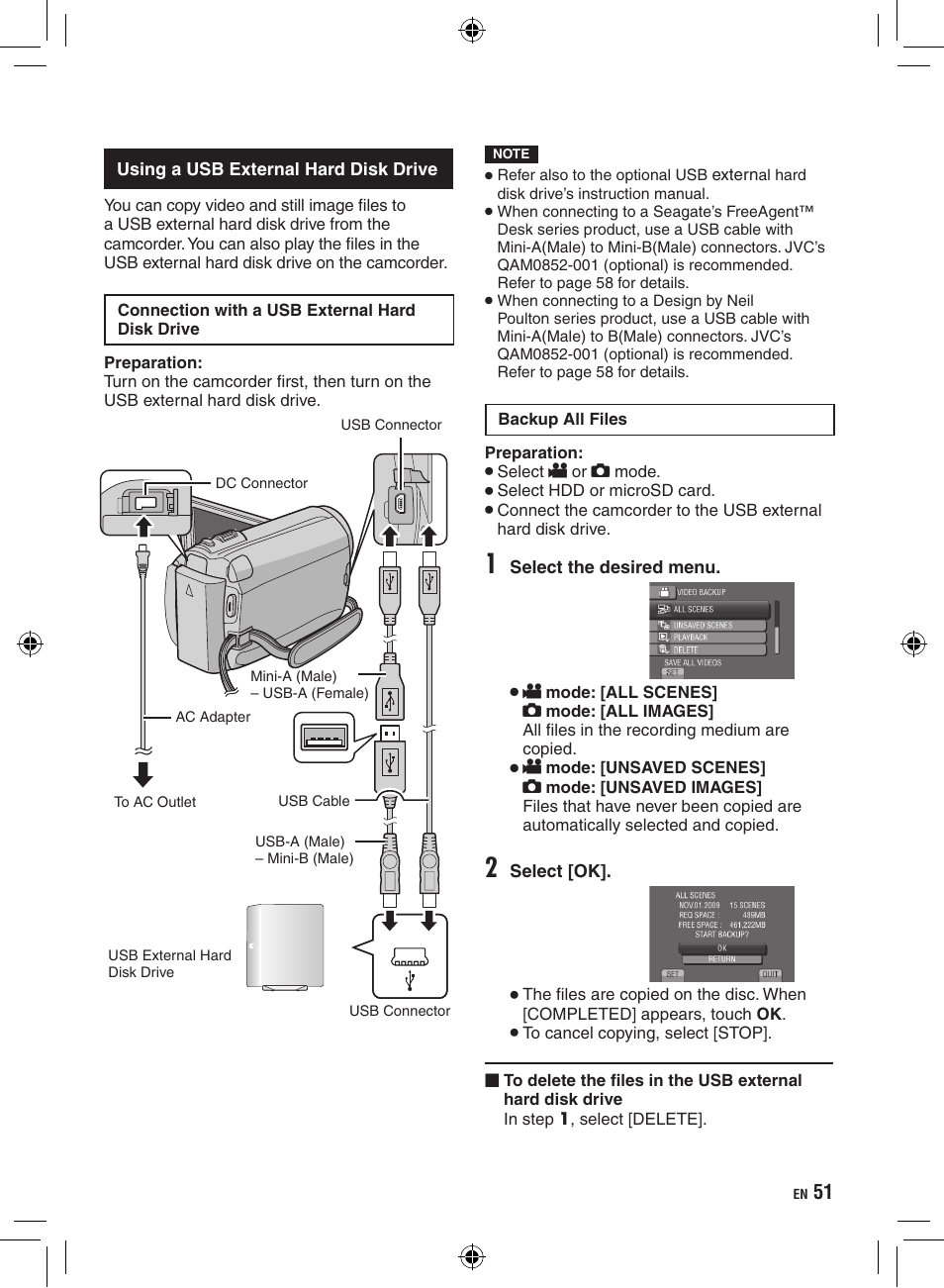 Using a usb external hard disk drive | JVC Everio GZ-HD320 User Manual | Page 51 / 84