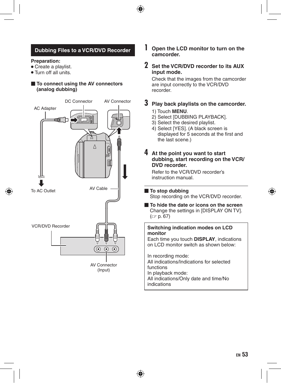 Dubbing files to a vcr/dvd recorder | JVC Everio GZ-HD320 User Manual | Page 53 / 84