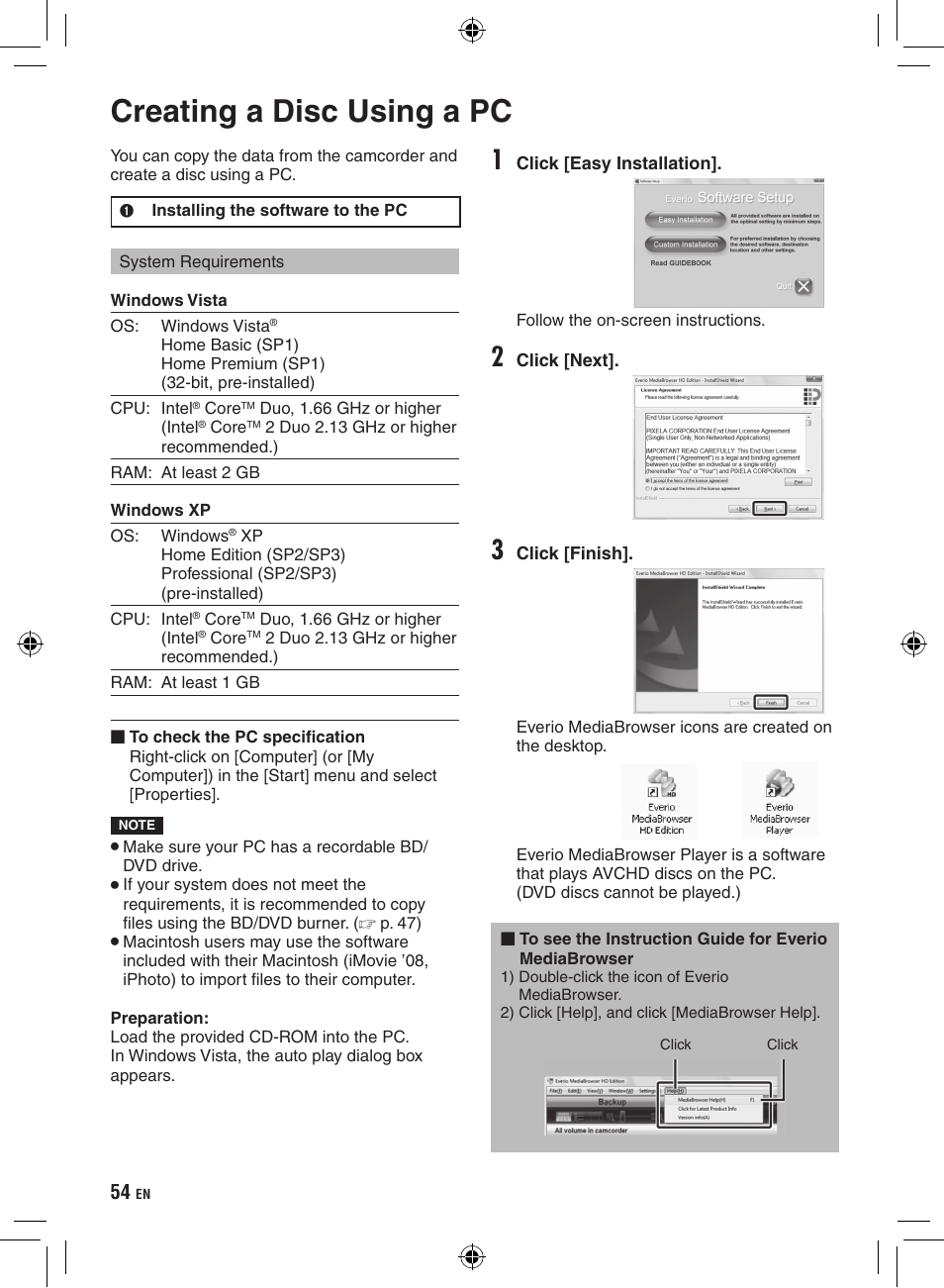 Pc operation, Creating a disc using a pc | JVC Everio GZ-HD320 User Manual | Page 54 / 84