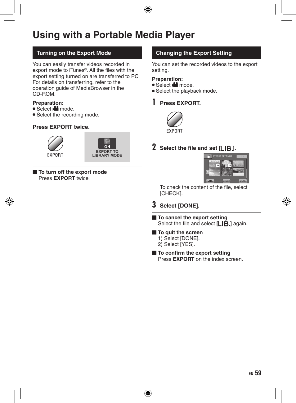 Using with a portable media player, Turning on the export mode, Changing the export setting | JVC Everio GZ-HD320 User Manual | Page 59 / 84