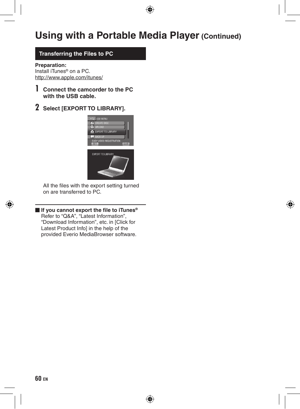 Transferring the files to pc, Using with a portable media player, Continued) | JVC Everio GZ-HD320 User Manual | Page 60 / 84