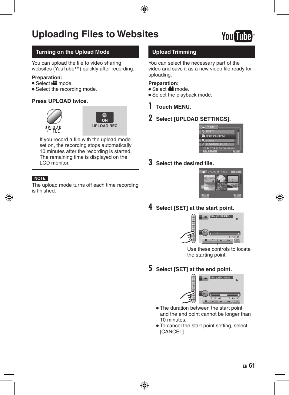 Uploading files to websites, Turning on the upload mode, Upload trimming | JVC Everio GZ-HD320 User Manual | Page 61 / 84