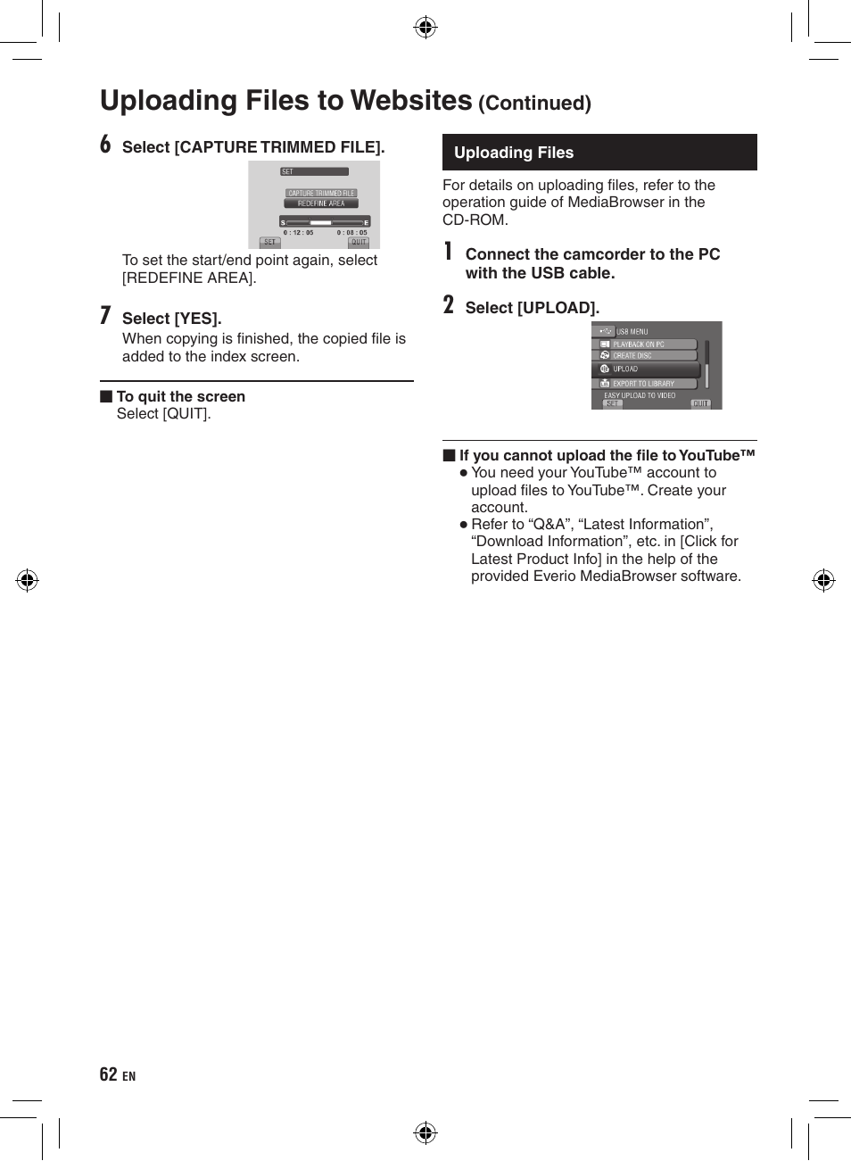 Uploading files, Uploading files to websites | JVC Everio GZ-HD320 User Manual | Page 62 / 84