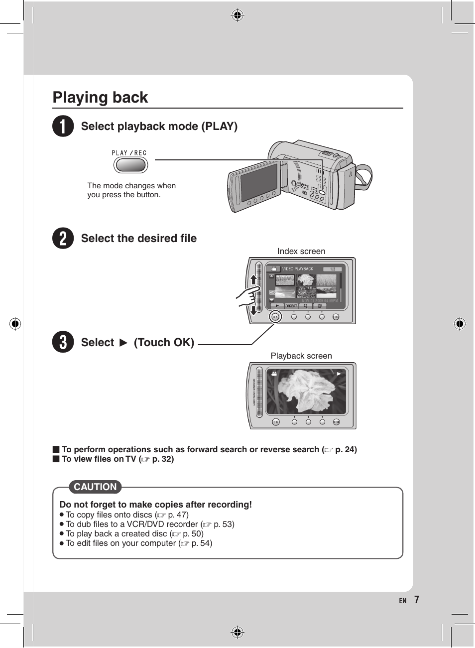 Playing back | JVC Everio GZ-HD320 User Manual | Page 7 / 84