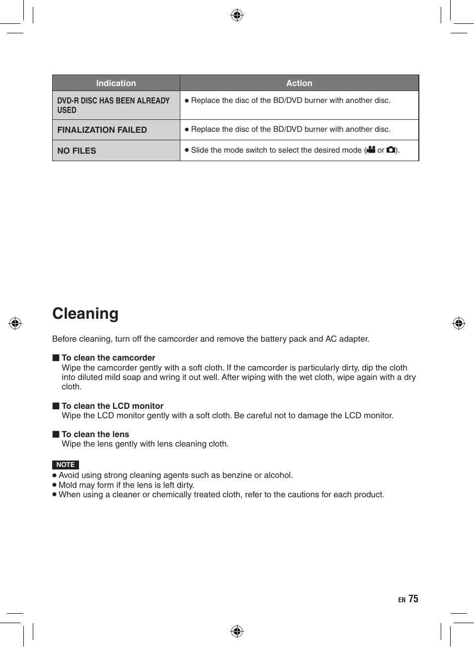 Cleaning | JVC Everio GZ-HD320 User Manual | Page 75 / 84