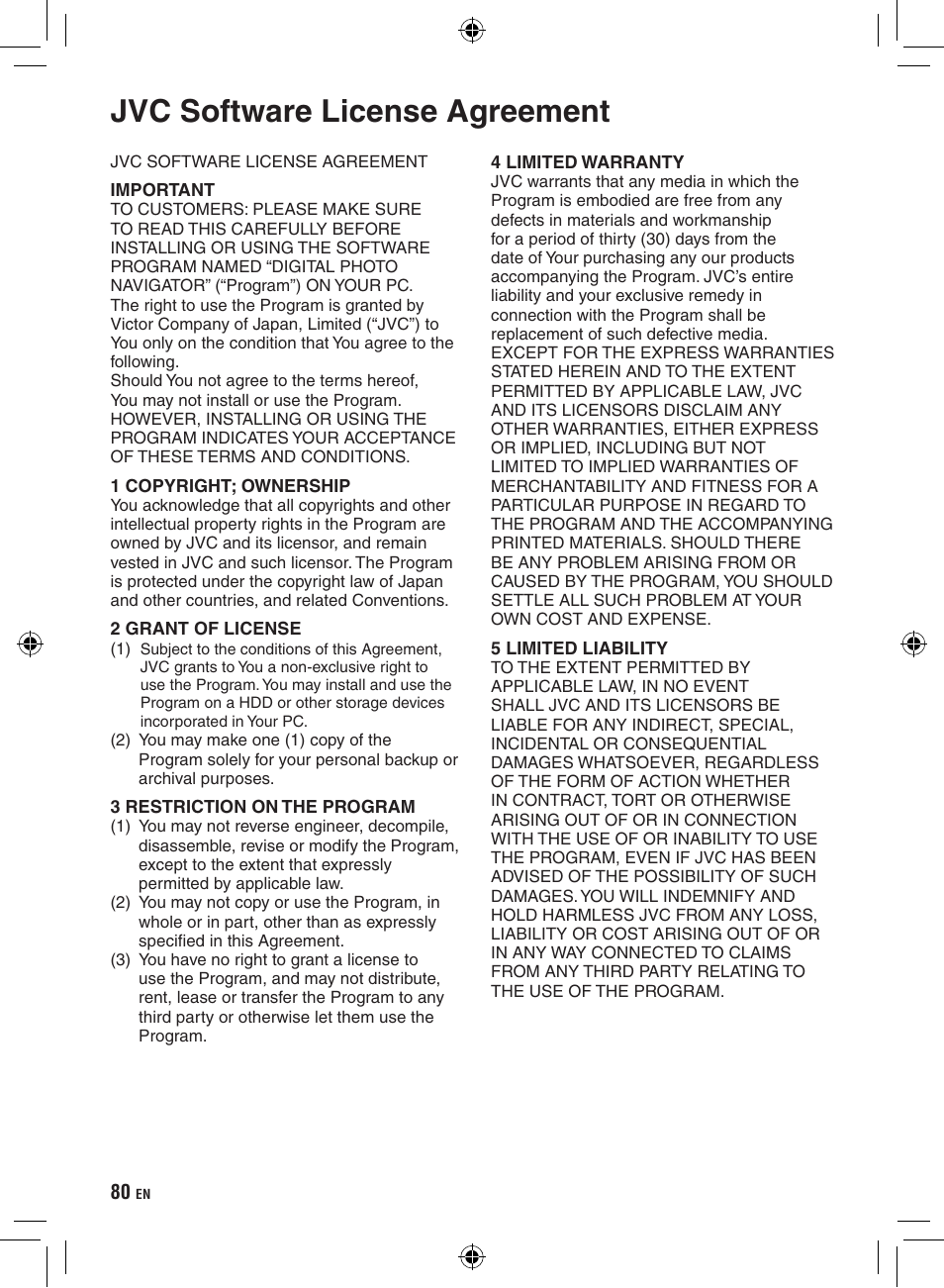 Jvc software license agreement | JVC Everio GZ-HD320 User Manual | Page 80 / 84