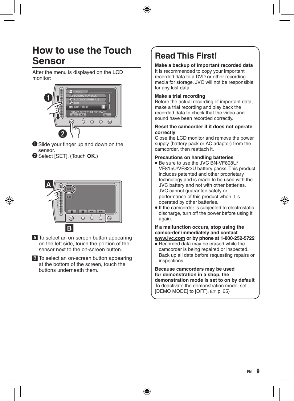 How to use the touch sensor, Read this first | JVC Everio GZ-HD320 User Manual | Page 9 / 84