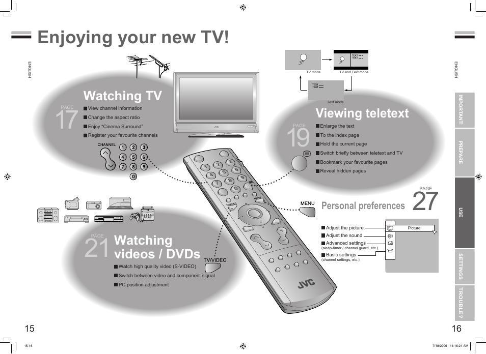 Let’s try it out, Enjoying your new tv, Tv / teletext / video / etc | Enjoying your new tv! ··················· 15, Watching tv, Viewing teletext, Watching videos / dvds, Personal preferences | JVC 0706TKH-CR-MU User Manual | Page 10 / 21