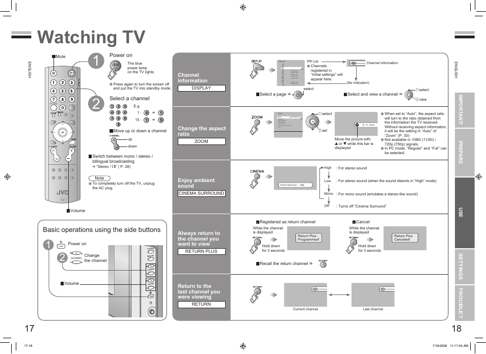 Watching tv, Watching tv ··································· 17, Basic operations using the side buttons | JVC 0706TKH-CR-MU User Manual | Page 11 / 21