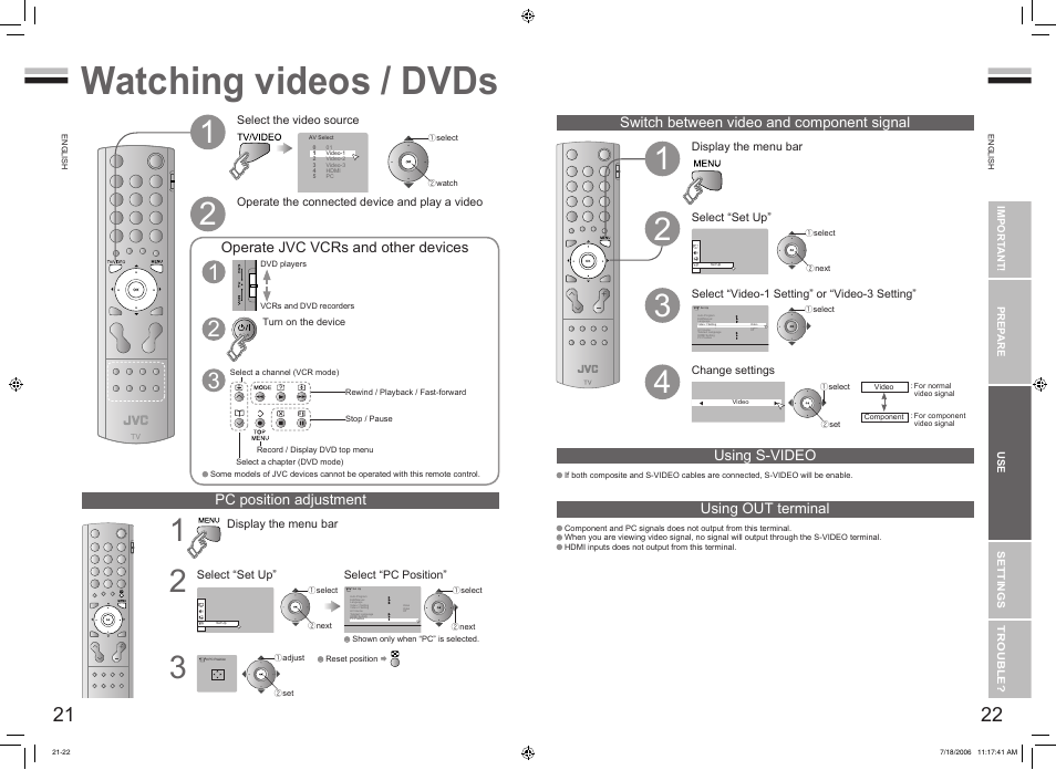 Watching videos / dvds, Watching videos / dvds ················ 21, Switch between video and component signal | Pc position adjustment, Using s-video | JVC 0706TKH-CR-MU User Manual | Page 13 / 21