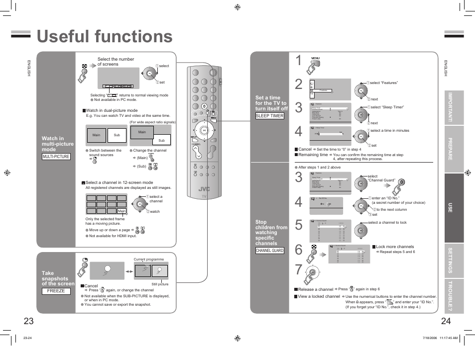 Try the advanced features, Useful functions, Take a snapshot | View and search in multi-picture mode, Sleep timer” / “channel guard, Useful functions ······························ 23, Watch in multi-picture mode, Set a time for the tv to turn itself off, Stop children from watching speciﬁc channels, Take snapshots of the screen | JVC 0706TKH-CR-MU User Manual | Page 14 / 21