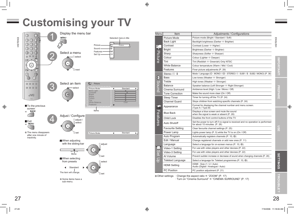 Just the way you like it, Customising your tv, Customising your tv ······················ 27 | Picture, Sound, Features, Set up | JVC 0706TKH-CR-MU User Manual | Page 16 / 21