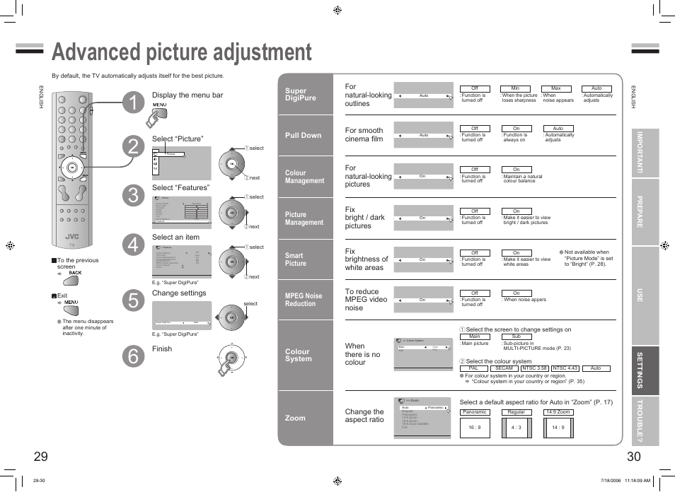 Advanced picture adjustment, Reduce noise / watch a more natural picture, Set the aspect ratio, etc | Advanced picture adjustment ········· 29 | JVC 0706TKH-CR-MU User Manual | Page 17 / 21