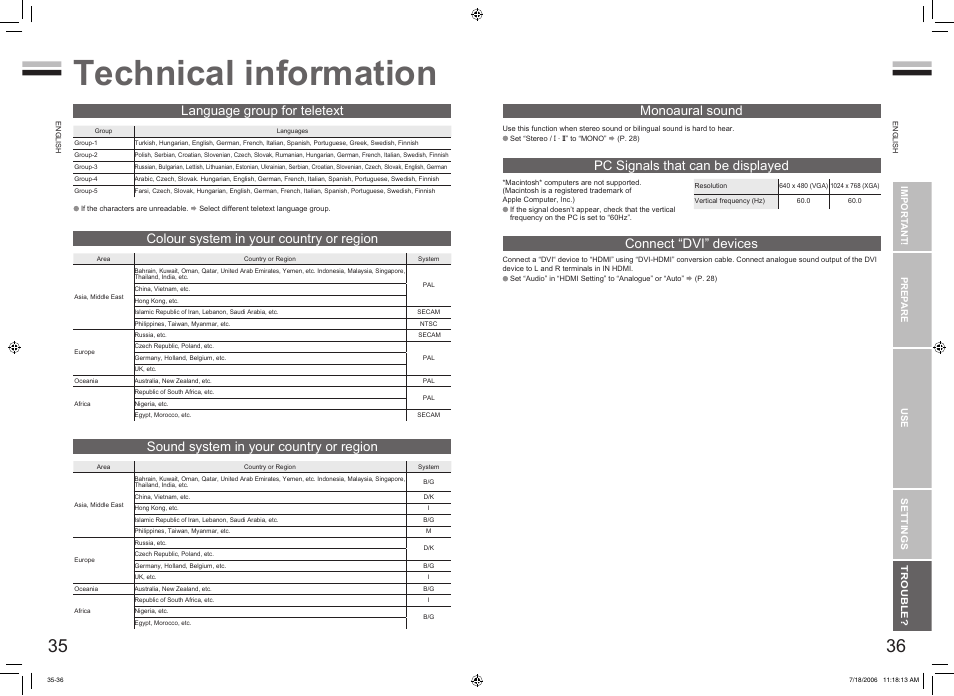 Technical information, Technical information ····················· 35, Colour system in your country or region | Sound system in your country or region, Monoaural sound | JVC 0706TKH-CR-MU User Manual | Page 20 / 21