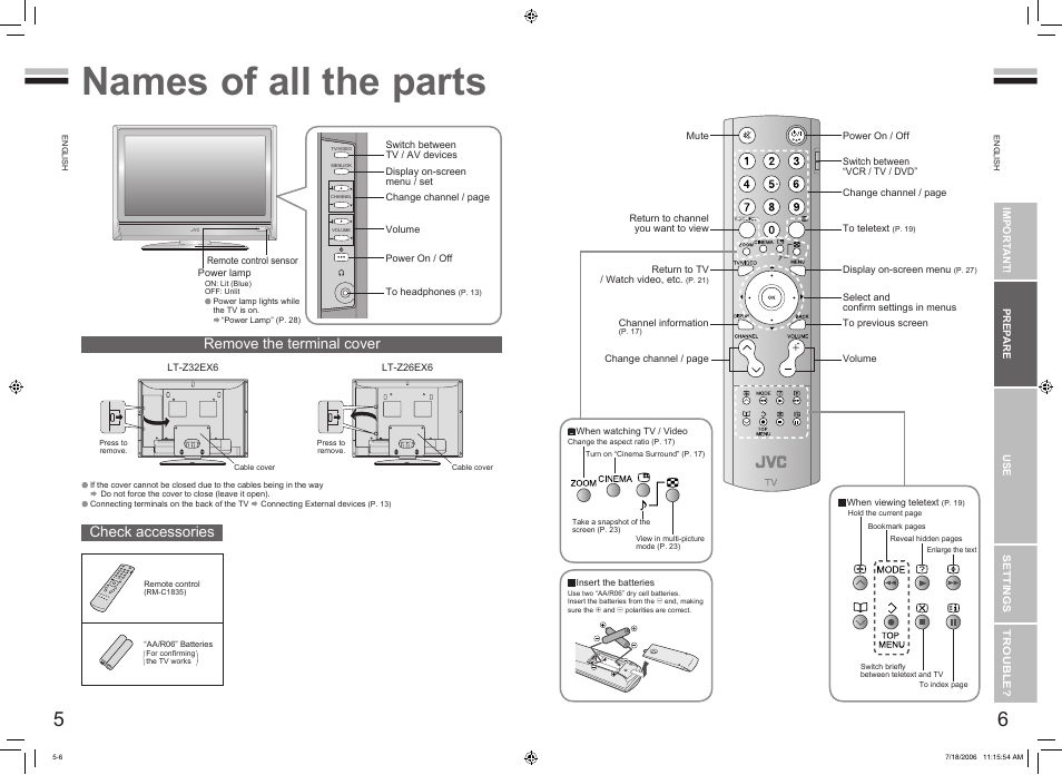 Getting started, Names of all the parts, Names of all the parts ······················ 5 | Remove the terminal cover, Check accessories | JVC 0706TKH-CR-MU User Manual | Page 5 / 21