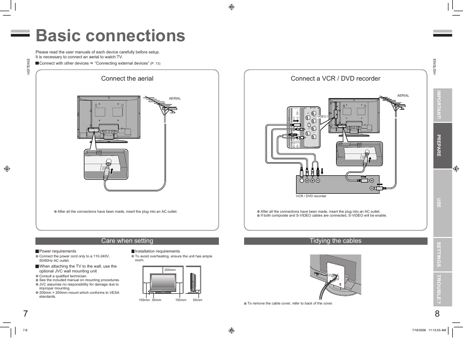 Basic connections, Basic connections ···························· 7, Connect the aerial | Connect a vcr / dvd recorder, Care when setting tidying the cables | JVC 0706TKH-CR-MU User Manual | Page 6 / 21