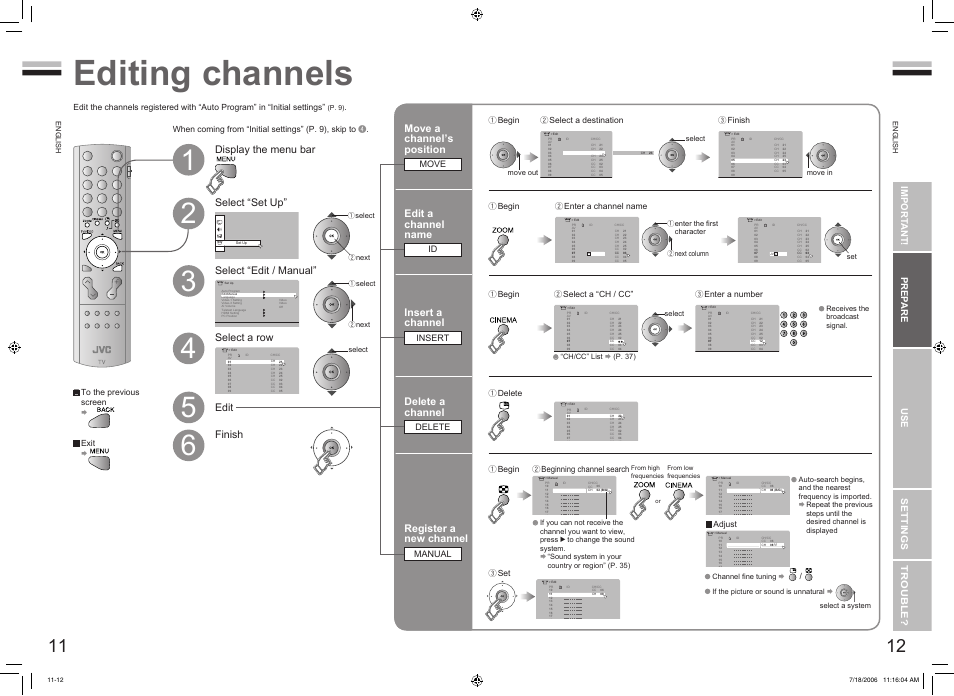 Editing channels, Registering channels, Editing channels ····························· 11 | Select a row edit move a channel’s position, Edit a channel name, Insert a channel, Delete a channel, Register a new channel, Import ant! prep are use settings trouble, Move | JVC 0706TKH-CR-MU User Manual | Page 8 / 21