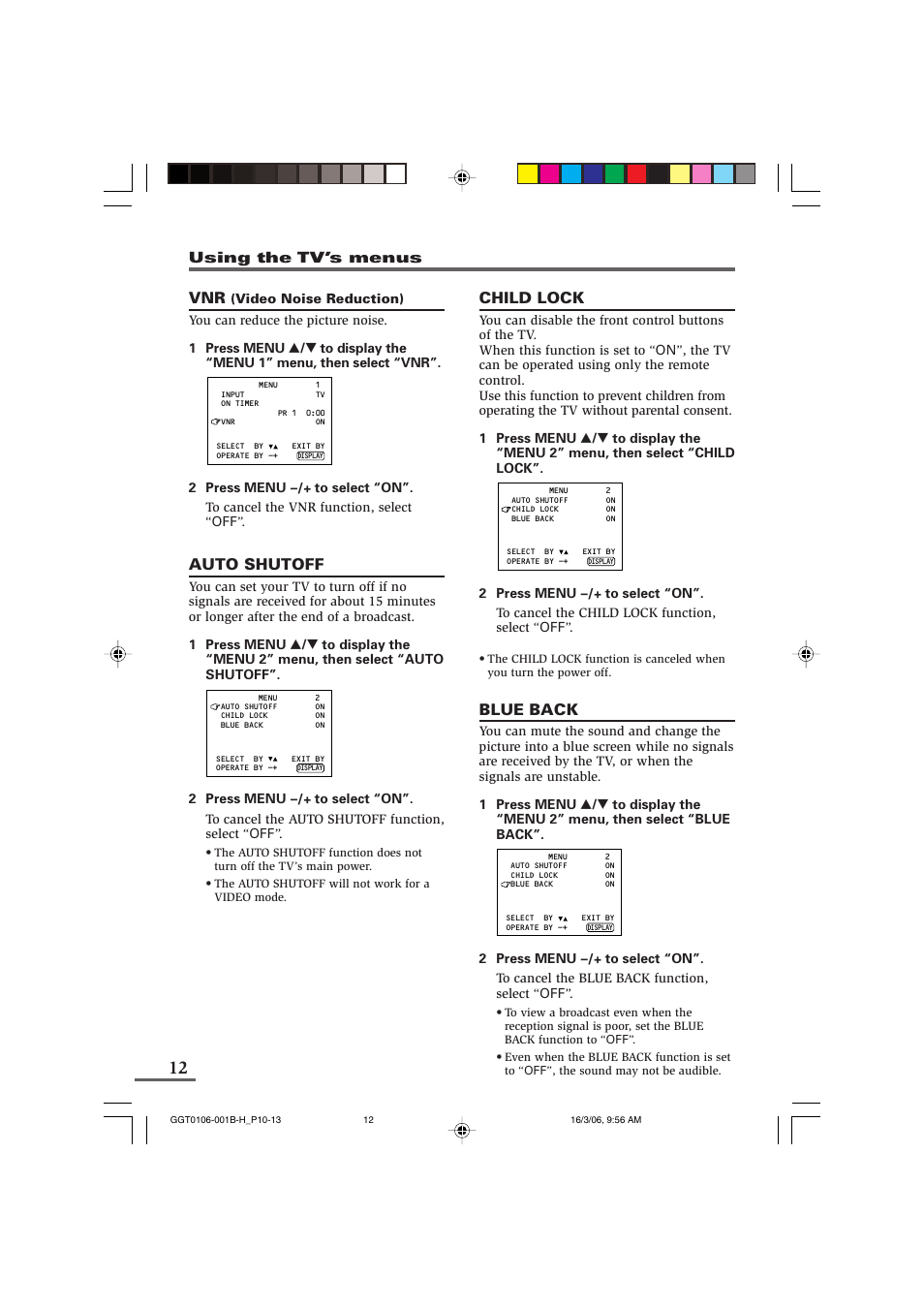 Auto shutoff, Child lock, Blue back | JVC AV-14A16 User Manual | Page 12 / 20