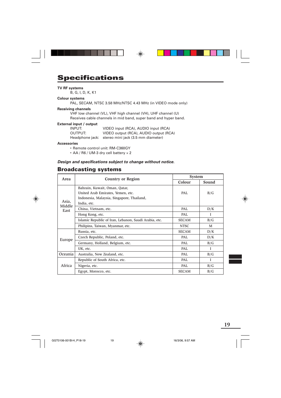 Specifications, Broadcasting systems | JVC AV-14A16 User Manual | Page 19 / 20