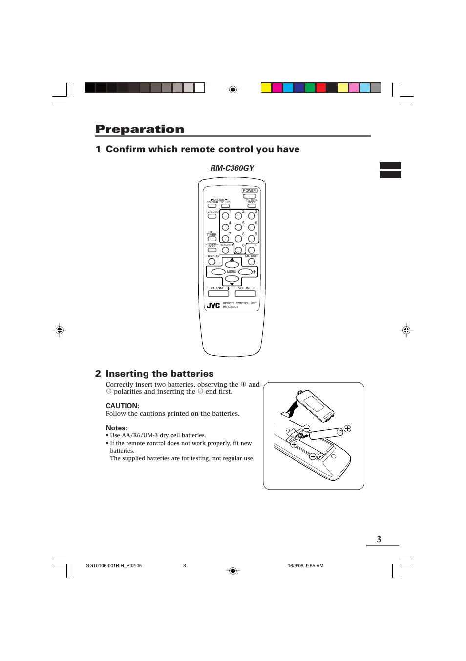 Preparation, 1 confirm which remote control you have, 2 inserting the batteries | Rm-c360gy | JVC AV-14A16 User Manual | Page 3 / 20