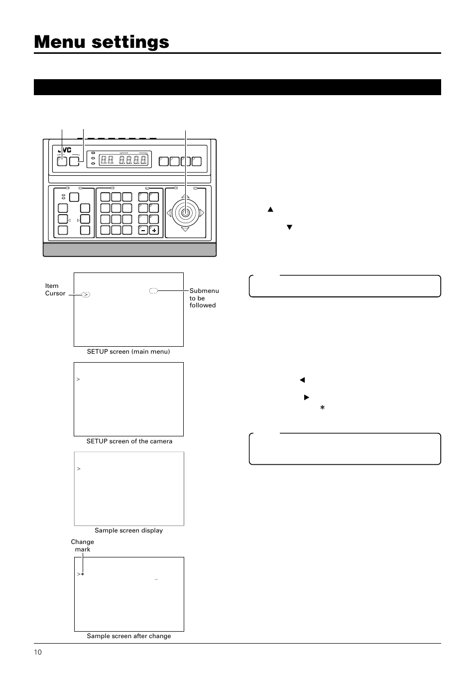 Menu settings, Menu operations, 10 button button pan/tilt set menu control lever | Turn the rear power switch of the rm-p2580 to on, Select the item in the same manner as step 3 | JVC TK-C675B User Manual | Page 10 / 24
