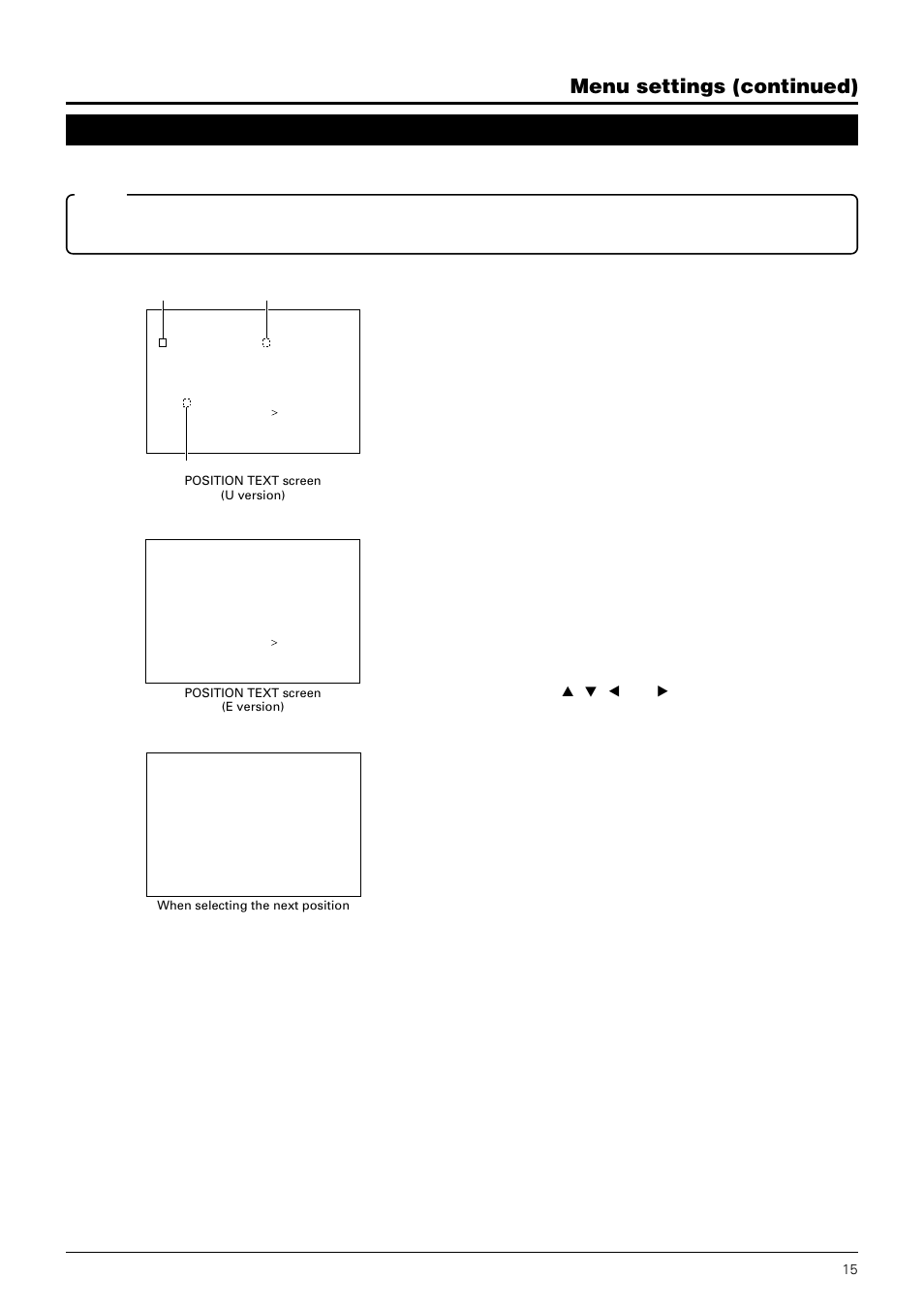 Position text screen, Menu settings (continued), Through | JVC TK-C675B User Manual | Page 15 / 24