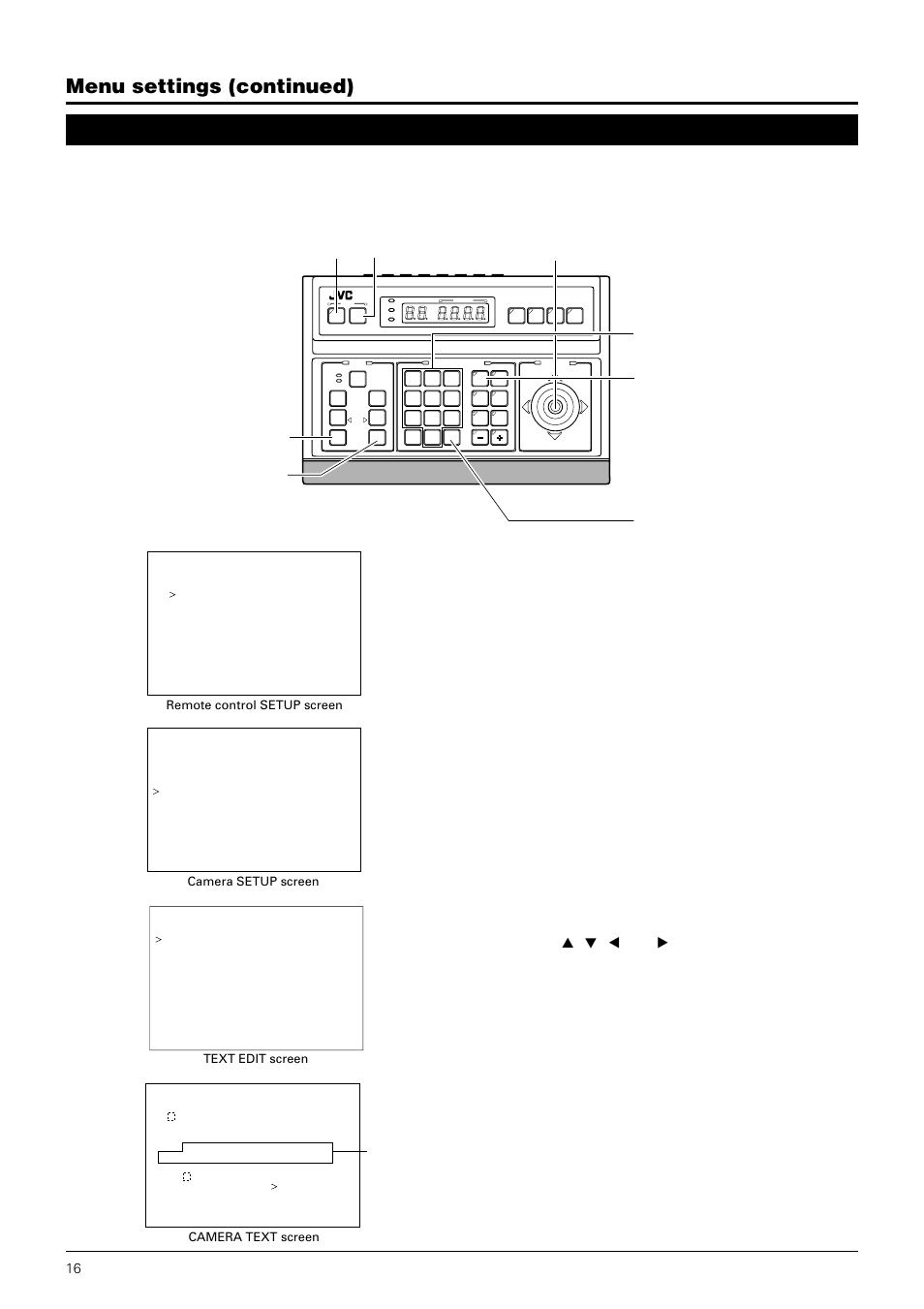 Camera text screen, Menu settings (continued), Through | Button, Button pan/tilt set menu control lever | JVC TK-C675B User Manual | Page 16 / 24