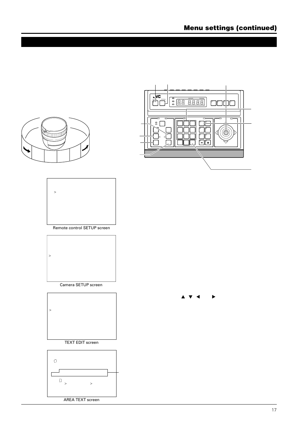 Area text screen, Menu settings (continued), Through | JVC TK-C675B User Manual | Page 17 / 24