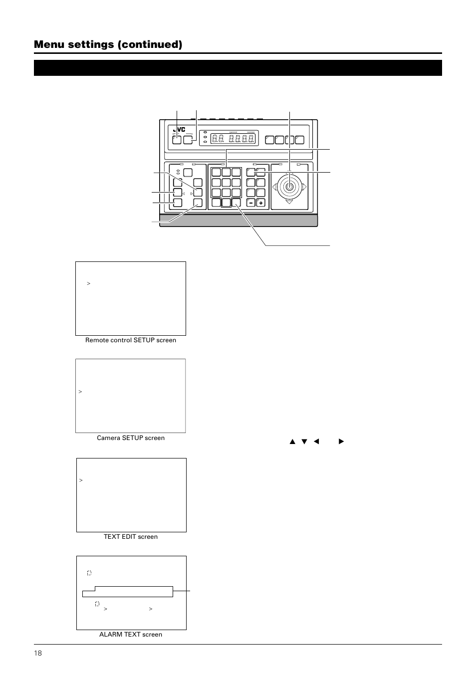 Alarm text screen, Menu settings (continued), Through | JVC TK-C675B User Manual | Page 18 / 24