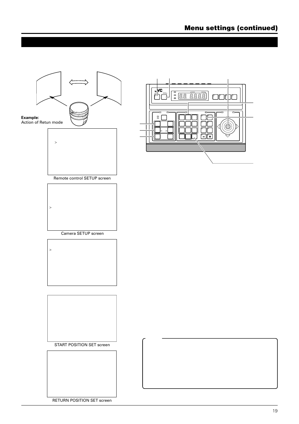 Auto pan set screen, Menu settings (continued), Button camera button enter buttons numeric key | JVC TK-C675B User Manual | Page 19 / 24